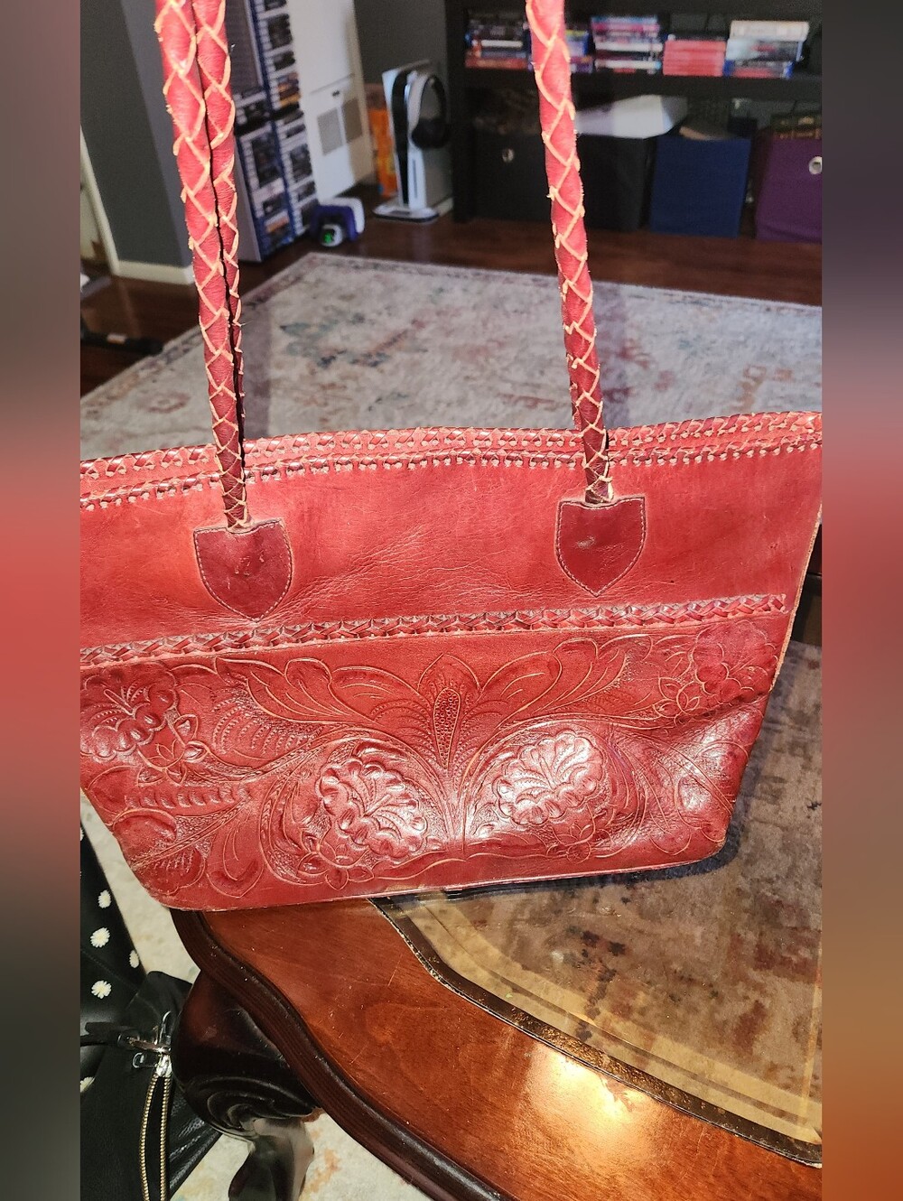 Source Unknown Red Tooled Leather Tote with Braided Straps